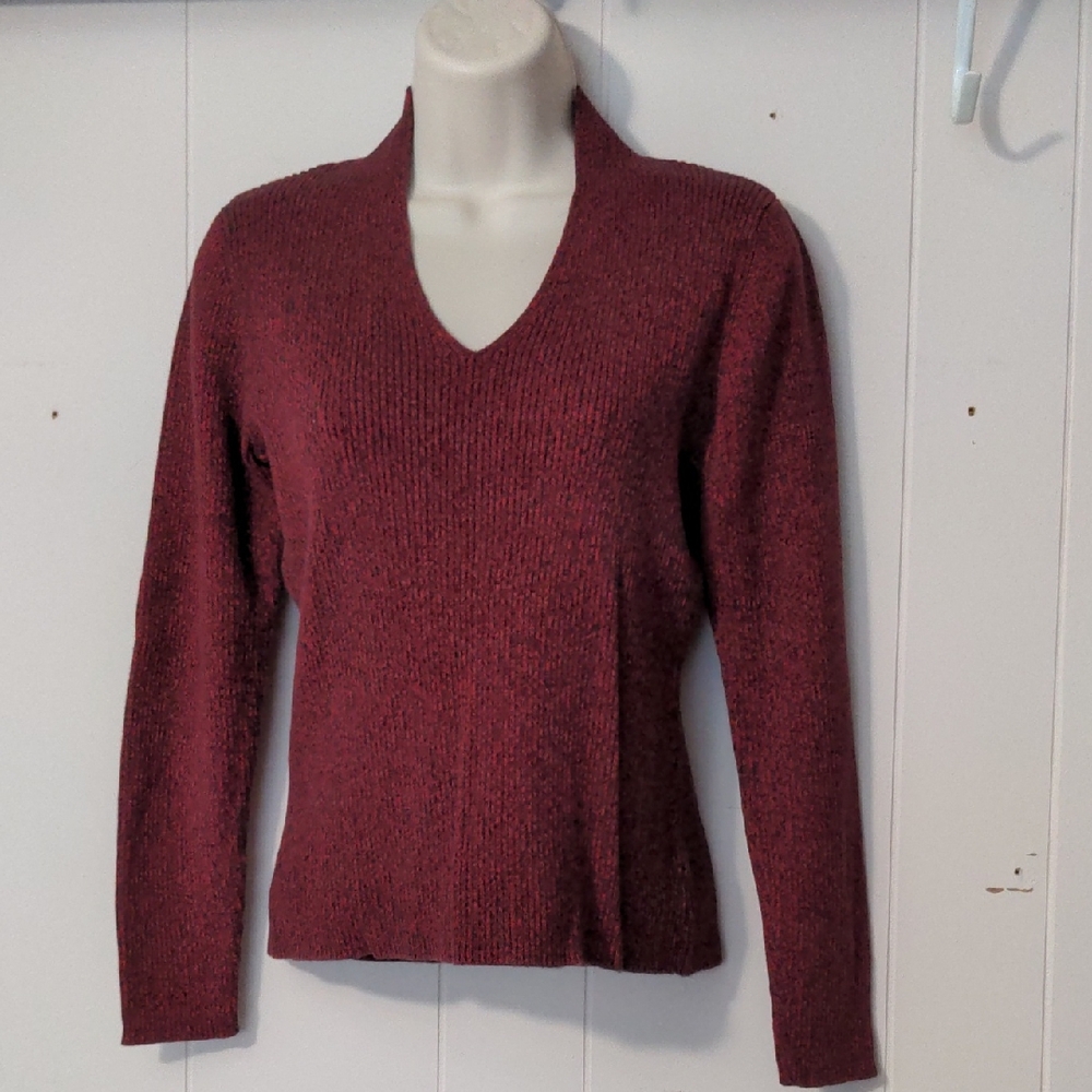 Villager By Liz Claiborne Maroon And Black Marbled Cotton Sweater Size Medium